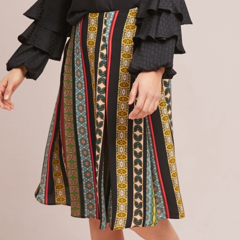 Anthropologie Multicolor Striped A-Line Ribbon Print Mid Length Skirt